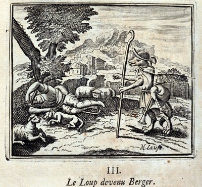 Ulven ble Berger.Fables av Jean de La Fontaine (1621-95). Illustrasjon av Francois Chauveau (1613-1676). Utgave av 1728. av Francois Chauveau