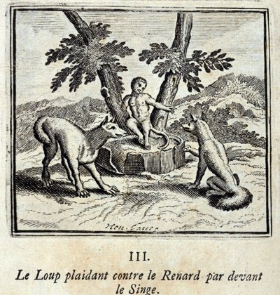 Ulven trygler mot reven foran apen. Fabler av Jean de La Fontaine (1621-95). Illustrasjon av François Chauveau (1613-1676). Utgave av 1728. av Francois Chauveau