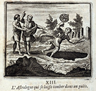 Astrologen som faller ned i en brønn. Fabler av Jean de La Fontaine (1621-95). Illustrasjon av François Chauveau (1613-1676). Utgave av 1728. av Francois Chauveau