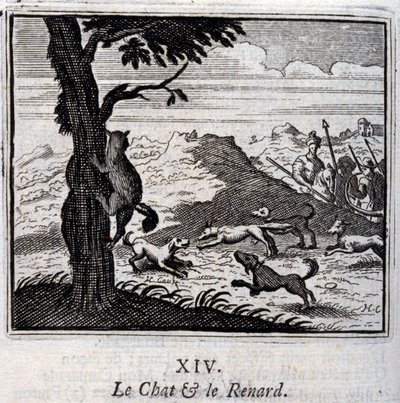 Katten og reven. Fabler av Jean de La Fontaine (1621-95). Illustrasjon av Francois Chauveau (1613-1676). Utgave av 1728. av Francois Chauveau