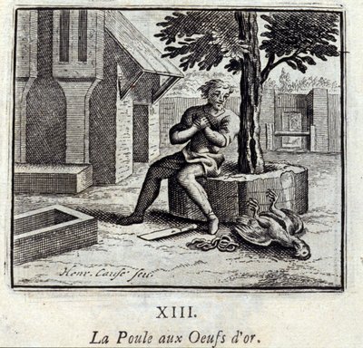Kyllingen med gullegg. Fabler av Jean de La Fontaine (1621-95). Illustrasjon av François Chauveau (1613-1676). Utgave av 1728. av Francois Chauveau