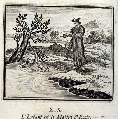 Barnet og skolemesteren. Fabler av Jean de La Fontaine (1621-95). Illustrasjon av François Chauveau (1613-1676). Utgave av 1728. av Francois Chauveau