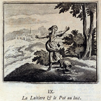 Meieriet og melkeglasset. Fabler av Jean de La Fontaine (1621-95). Illustrasjon av François Chauveau (1613-1676). Utgave av 1728. av Francois Chauveau