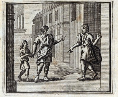 Depositaren er vantro. Fabler av Jean de La Fontaine (1621-95). Illustrasjon av François Chauveau (1613-1676). Utgave av 1728. av Francois Chauveau