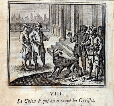 Hunden vi kuttet av ørene hans. Fabler av Jean de La Fontaine (1621-95). Illustrasjon av François Chauveau (1613-1676). Utgave av 1728. av Francois Chauveau