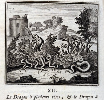 Dragen har flere hoder og dragen har flere haler. Fabler av Jean de La Fontaine (1621-95). Illustrasjon av François Chauveau (1613-1676). Utgave av 1728. av Francois Chauveau