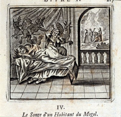 Drømmen om en mogul-beboer. Fabler av Jean de La Fontaine (1621-95). Illustrasjon av Francois Chauveau (1613-1676). Utgave av 1728. av Francois Chauveau
