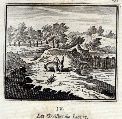 Ørene til Lievre. Fabler av Jean de La Fontaine (1621-95). Illustrasjon av François Chauveau (1613-1676). Utgave av 1728. av Francois Chauveau