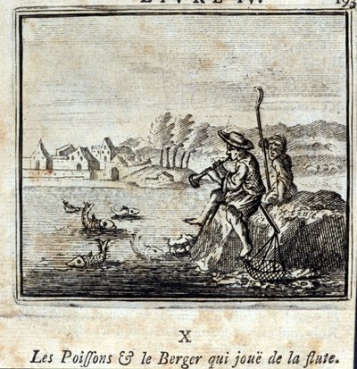 Fisken og gjeteren som spiller på fløyte. Fabler av Jean de La Fontaine (1621-95). Illustrasjon av François Chauveau (1613-1676). Utgave av 1728. av Francois Chauveau