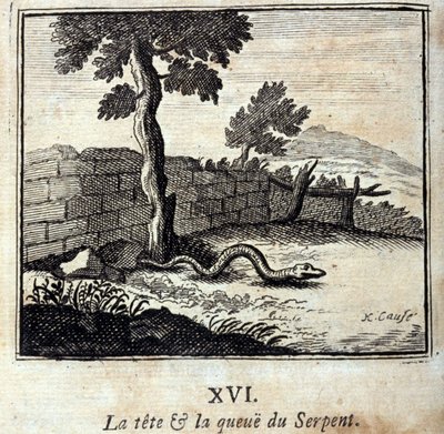Hodet og halen til slangen. Fabler av Jean de La Fontaine (1621-95). Illustrasjon av François Chauveau (1613-1676). Utgave av 1728. av Francois Chauveau