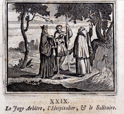 Dommeren dømmer Hospitaller og Solitaire. Fabler av Jean de La Fontaine (1621-95). Illustrasjon av Francois Chauveau (1613-1676). Utgave av 1728. av Francois Chauveau