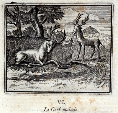 Det syke rådyret. Fabler av Jean de La Fontaine (1621-95). Illustrasjon av François Chauveau (1613-1676). Utgave av 1728. av Francois Chauveau