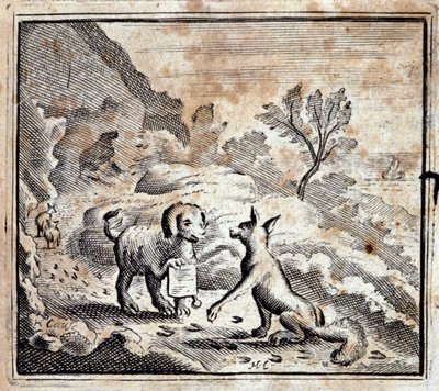 Den syke løven og reven. Fabler av Jean de La Fontaine (1621-95). Illustrasjon av François Chauveau (1613-1676). Utgave av 1728. av Francois Chauveau