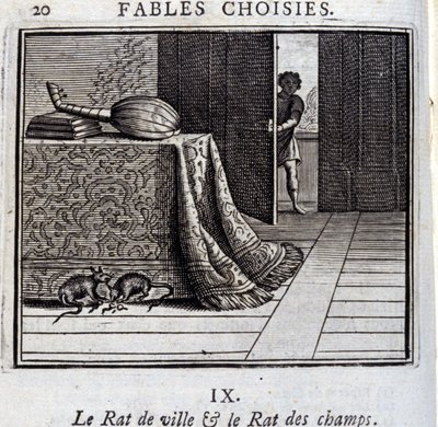 Byrotta og åkerrotta. Fabler av Jean de La Fontaine (1621-95). Illustrasjon av François Chauveau (1613-1676). Utgave av 1728. av Francois Chauveau