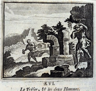 Skattmesteren og de to mennene. Fabler av Jean de La Fontaine (1621-95). Illustrasjon av François Chauveau (1613-1676). Utgave av 1728. av Francois Chauveau