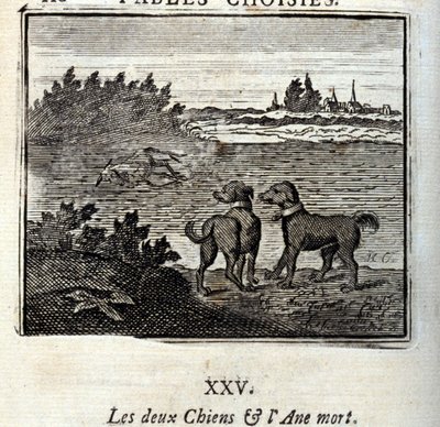 De to hundene og det døde eselet. Fabler av Jean de La Fontaine (1621-95). Illustrasjon av François Chauveau (1613-1676). Utgave av 1728. av Francois Chauveau