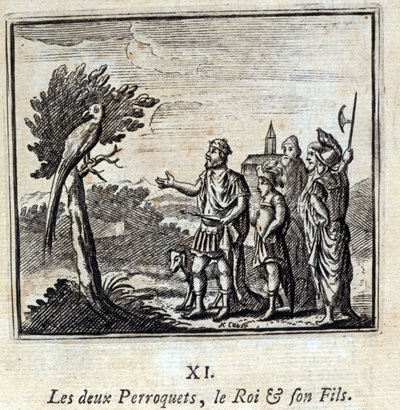 De to papegøyene kongen og hans sønn. Fabler av Jean de La Fontaine (1621-95). Illustrasjon av François Chauveau (1613-1676). Utgave av 1728. av Francois Chauveau