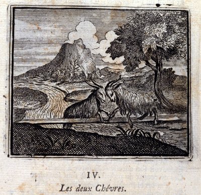 De to geitene. Fabler av Jean de La Fontaine (1621-95). Illustrasjon av François Chauveau (1613-1676). Utgave av 1728. av Francois Chauveau
