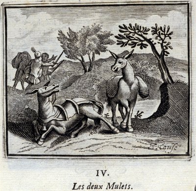 De to muldyrene. Fabler av Jean de La Fontaine (1621-95). Illustrasjon av Francois Chauveau (1613-1676). Utgave av 1728. av Francois Chauveau