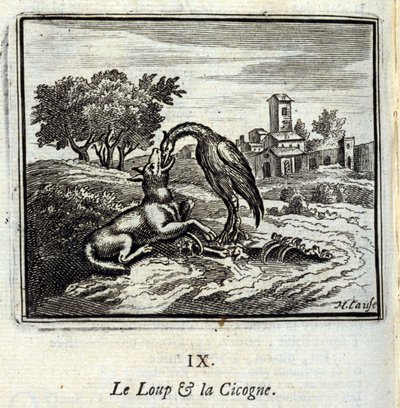 Ulven og storken. Fabler av Jean de La Fontaine (1621-95). Illustrasjon av François Chauveau (1613-1676). Utgave av 1728. av Francois Chauveau