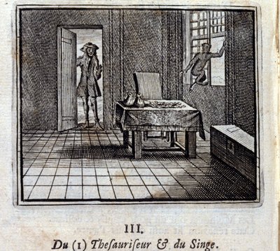 Tesaurizer og Monkey. Fabler av Jean de La Fontaine (1621-95). Illustrasjon av Francois Chauveau (1613-1676). Utgave av 1728. av Francois Chauveau