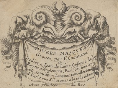 Tittelplate med to Satyr-hoder, fra Divers Masques, ca. 1635-45. av Francois Chauveau