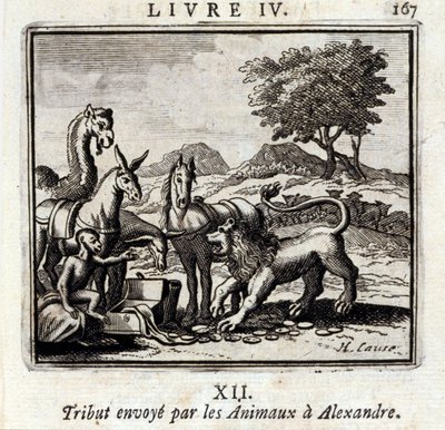 Hyllest sendt av Dyrene til Alexander. Fabler av Jean de La Fontaine (1621-95). Illustrasjon av François Chauveau (1613-1676). Utgave av 1728. av Francois Chauveau