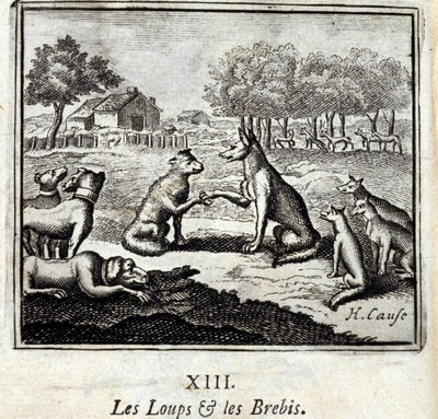 Ulver og sauer. Fabler av Jean de La Fontaine (1621-95). Illustrasjon av Francois Chauveau (1613-1676). Utgave av 1728. av Francois Chauveau