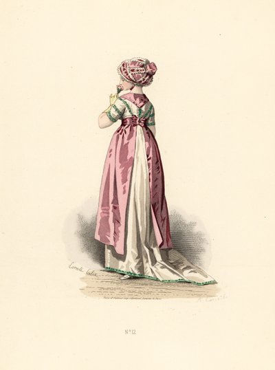 Kvinne i hvit kjole og corsage med grønn kant, rosa forkle. av Francois Claudius (after) Compte Calix