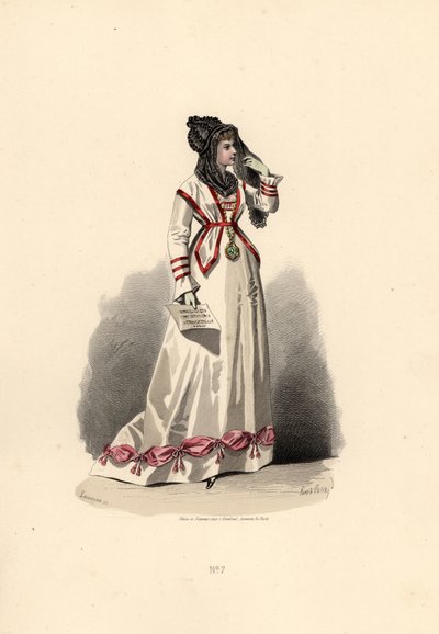 Kvinne i hvit kjole pyntet med rosa bouffanter. av Francois Claudius (after) Compte Calix