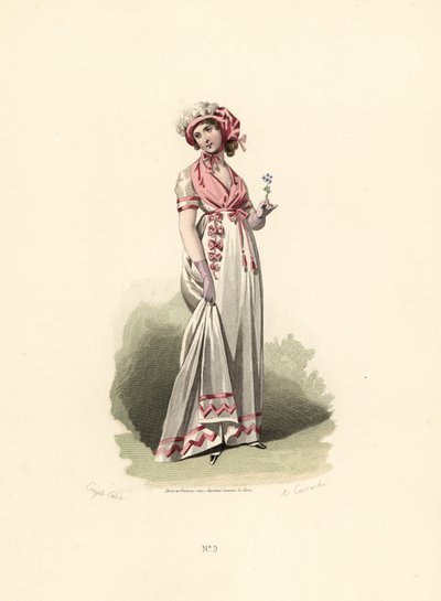 Kvinne i hvit kjole, rosa fichu og corsage. av Francois Claudius (after) Compte Calix