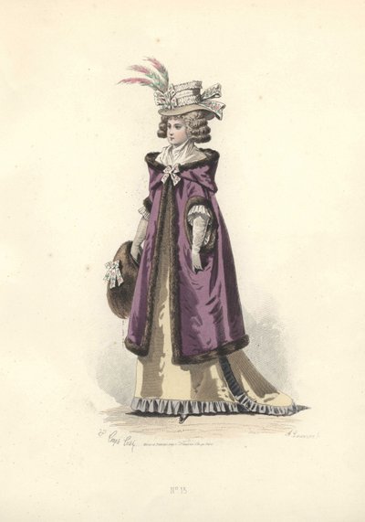 Kvinne i pelsfôret hettefrakk, æra av Marie Antoinette. av Francois Claudius Compte Calix