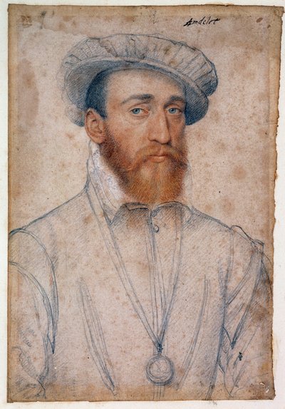 Portrett av Francois de Coligny, herre av Andelot (1521 - 1569). Tegning av blod og svart stein av Clouet Francois (1515-1572) av François Clouet