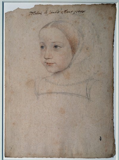 Portrett av Marguerite de France (1523-1574) barn, datter av Francois I, hertuginne av Savoy Tegning med svart stein, blod forsterket med akvarell av Francois Clouet (1515-1572) Chantilly fra 1500-tallet, Musee Conde av François Clouet