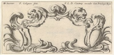 Plate 10: en kartusj med hodene til to løver i profil til venstre og høyre i t..., ca. 1640-45. av Francois Collignon