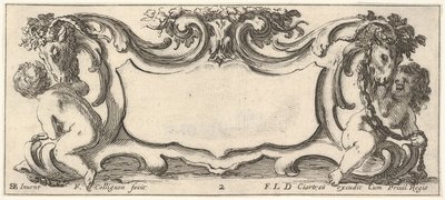 Plate 2: en kartusj med et barn sett fra baksiden til venstre og et barn sett fra ..., ca. 1640-45. av Francois Collignon