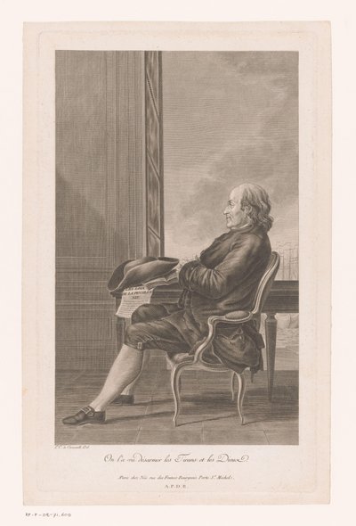 Portrett av Benjamin Franklin og profil sittende på en stol av Francois Denis Nee