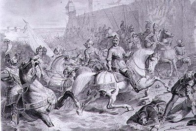 The Taking of Calais av Francis, 2nd Duke of Guise (1519-63) i 1558, gravert av Amedee Felix Barthelemy Geilee (1802-43) (gravering) av Francois Edouard (after) Picot