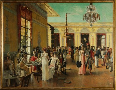 Cafe Frascati (Paris, Frankrike), en scene i Napoleons tid (sent 18.-1815) - Maleri av Francois Flameng (1856-1923), olje på tre av Francois Flameng