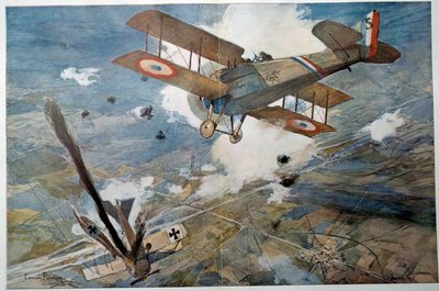Første verdenskrig "" Air Fight"" Fiendens fly faller i flammer. Akvarellmaleri av Francois Flameng (1856-1923) 1918 Privat samling av Francois Flameng