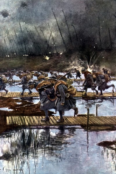 Det franske første infanterikorps krysser Yserkanalen, 31. juli 1917, kl. 04.45. Etter maleri av Francois Flameng (1856–1923). Fransk. av Francois Flameng