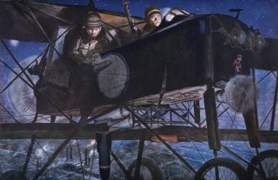 Med den franske lufttjenesten, et nattbombardement av en Voisin-biplan av Francois Flameng