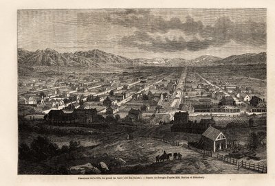 Panorama av byen med den store skitne innsjøen, siterer de hellige (Utah), tegning av Ferogio, for å illustrere Richard Burtons reise til byen Saints, hovedstaden i Mormons land, i 1860. Gravering i "" Le tour du monde ””, redigert av Edouard Charto av Francois Fortune Antoine (after) Ferogio