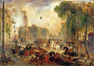 Attentatforsøk på kong Louis-Philippe (1773-1850) av Giuseppe Fieschi (1790-1836) Boulevard du Temple, 28. juli 1835 (olje på lerret) av Francois Gabriel Guillaume Lepaulle