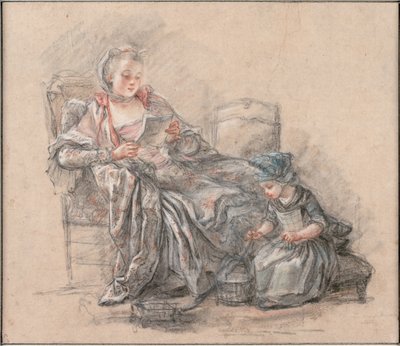 Kvinne som leser og en jente som spiller Marquise de Pompadour med datteren Alexandrine, ca 1748 av Francois Guérin