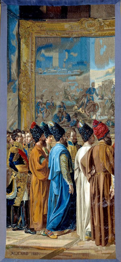 Napoleon I (1769-1821) mottok på slottet Finkenstein i Polen, ambassadør for sjahen av Persia Georges Outrey, Frankrikes visekonsul i Bagdad, presenterer Mohammed Mirza Reza. Tapet laget av Gobelins verksted av Francois Henri Mulard av Francois Henri Mulard