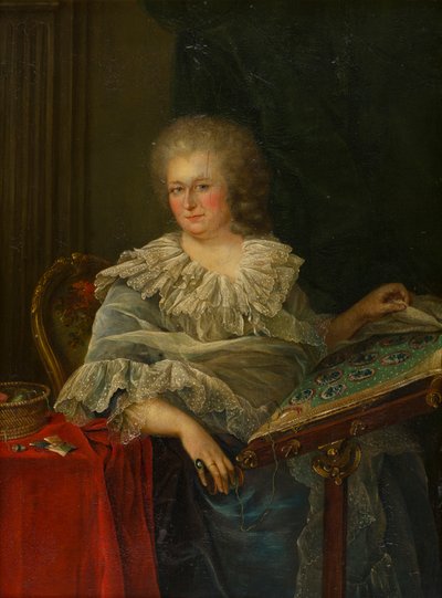 Portrett av visgrevinne Torrington sittende ved broderiet hennes, ca. 1747-75 (olje på panel) av Francois Hubert (follower of) Drouais