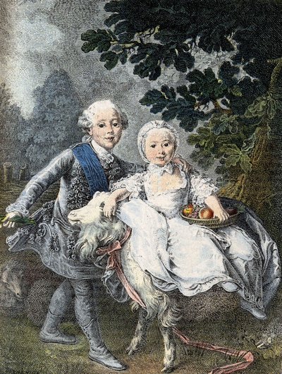 The Count of Artois child (future King Charles X) (1757-1836) and his sister Marie Clotilde Xavière (future Queen of Sardinia) (1759-1802) - represented in 1764. Engraving 19th century after the painting of François Hubert Drouais. av Francois Hubert (manner of) Drouais