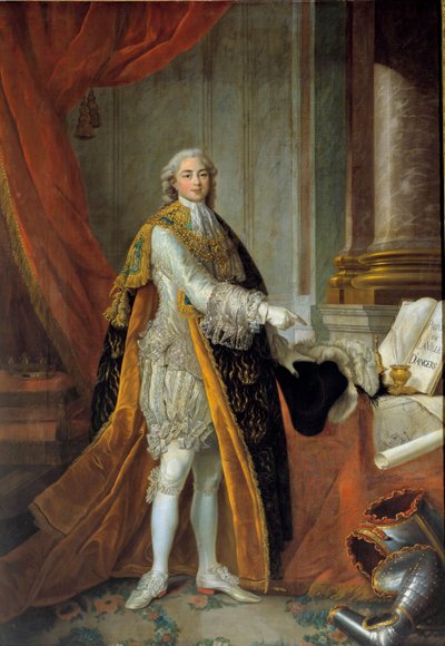 Portrett til fots av Louis Stanislas Xavier av Frankrike (fremtidig Ludvig XVIII), grev av Provence (1755-1824) i flott kjole av Den Hellige Ånds Orden (Den Hellige Ånds Orden) og presenterer privilegiene til byen Angers" ”””” Maleri av Francois av Francois Hubert Drouais