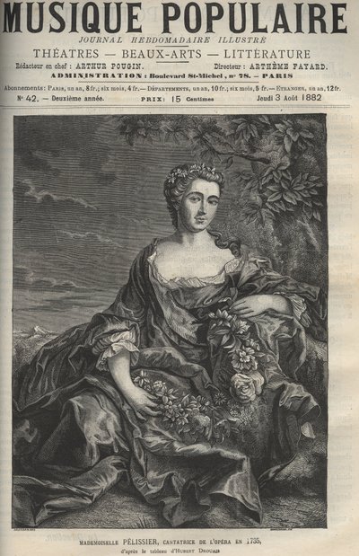 Portrett av Marie Pelissier (eller Pellissier) (1707-1749), fransk operasanger - gravering etter maleriet Hubert Drouais - gravering i "" La musique populaire""" illustrert ukeavis - 1882 av Francois Hubert Drouais